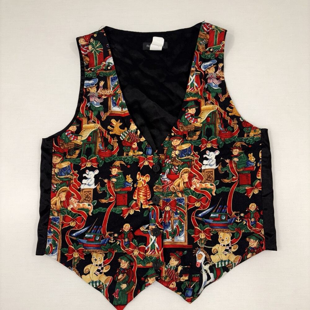 Vintage Robyn-Lyn Bear Christmas Vest Women's S/M Multicolor V-Neck Holiday Elf